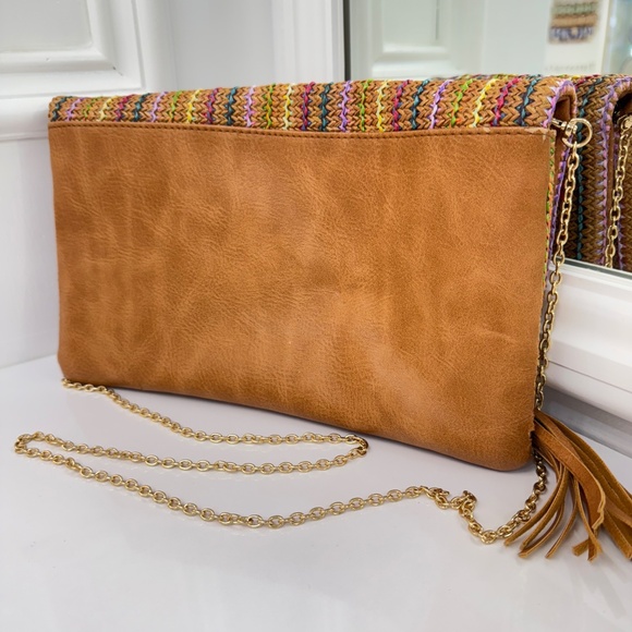 Multicolor Woven Straw Foldover Clutch with Tassel and Chain Strap - Picture 5 of 12